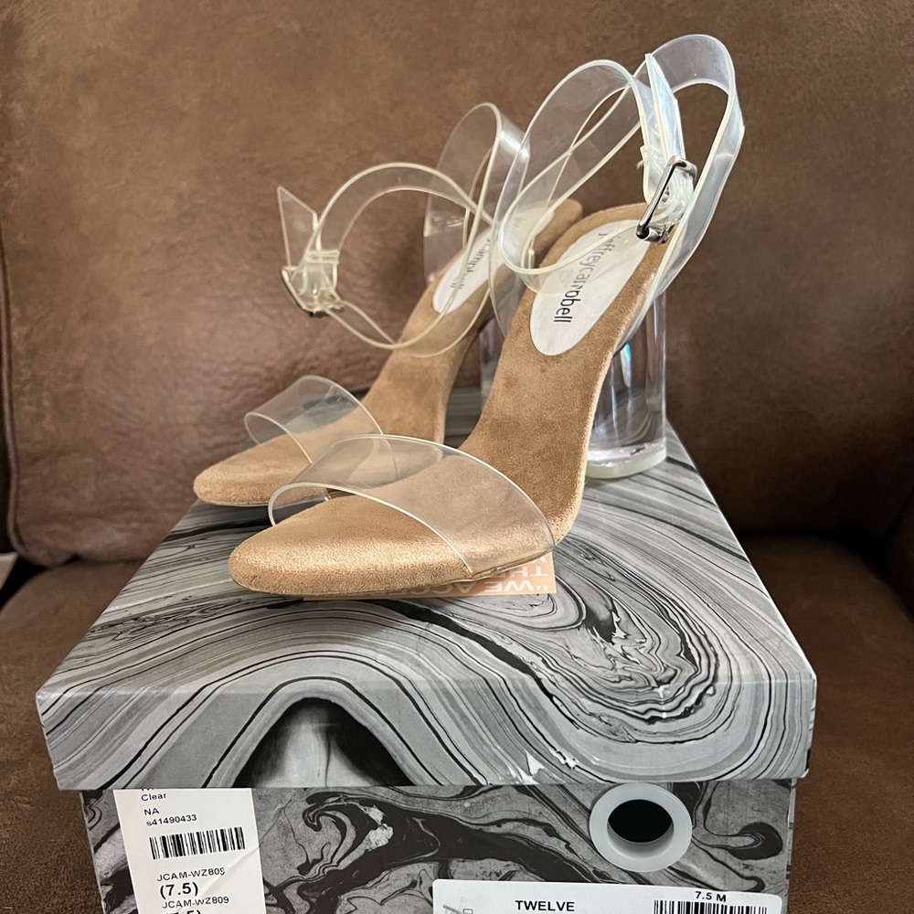 Jeffrey Campbell Clear Lucite Strap Block Heel Sandals with Nude Insole